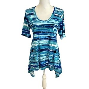 Karen Kane  Blue Aquamarine Watercolors Handkerchief Hem Short Sleeve Top. Sz M